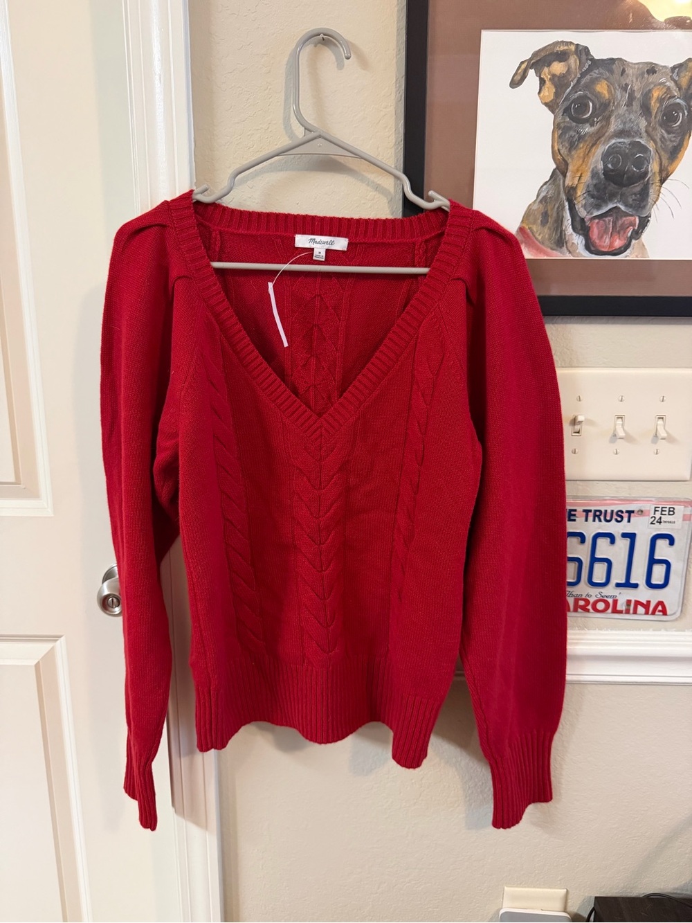 Madewell Cherry Red V-Neck Cable Knit Sweater - Picture 1 of 8